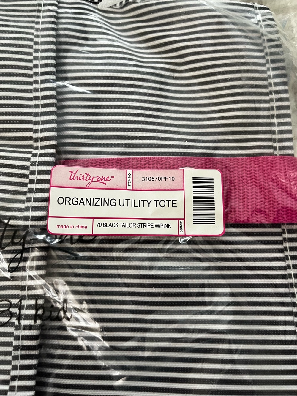 Thirty-One Organizing Utility Tote - Black & White Stripe with Pink Accents New